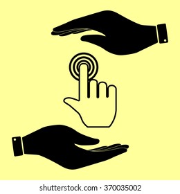 Hand click on button. Save or protect symbol by hands.