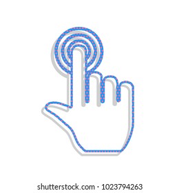 Hand click on button. Vector. Neon blue icon with cyclamen polka dots pattern with light gray shadow on white background. Isolated.