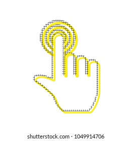 Hand click on button. Vector. Yellow icon with square pattern duplicate at white background. Isolated.