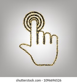Hand click on button. Vector. Blackish icon with golden stars at grayish background.