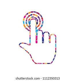 Hand click on button. Vector. Stained glass icon on white background. Colorful polygons. Isolated.