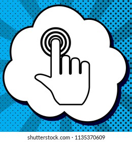 Hand click on button. Vector. Black icon in bubble on blue pop-art background with rays.
