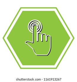 Hand click on button. Vector. White icon with black shadow at yellow green honeycomb on white background.