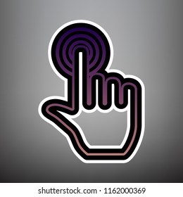 Hand click on button. Vector. Violet gradient icon with black and white linear edges at gray background.