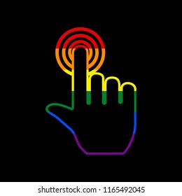 Hand click on button. Vector. Icon with colors of LGBT flag at black background.