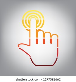 Hand click on button. Vector. Horizontally sliced icon with colors from sunny gradient in gray background.