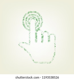 Hand click on button. Vector. Green hexagon rastered icon and noised opacity and size at light green background with central light.
