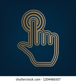 Hand click on button. Vector. Golden icon and border at dark cyan background.