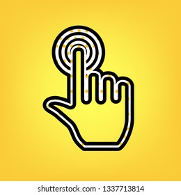 Hand click on button. Vector. Yellow polka dot white icon with black contour at warm yellow background.