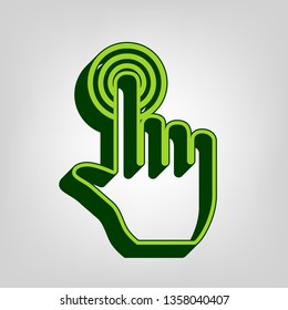 Hand click on button. Vector. Yellow green solid icon with dark green external body at light colored background.