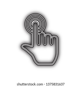 Hand click on button. Vector. Double contour black icon with soft shadow at white background. Isolated.