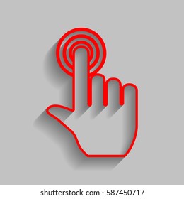 Hand click on button. Vector. Red icon with soft shadow on gray background.
