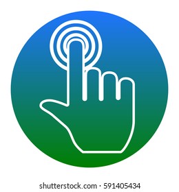 Hand click on button. Vector. White icon in bluish circle on white background. Isolated.