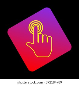 Hand click on button. Vector. Yellow icon at violet-red gradient square with rounded corners rotated for dynamics on black background.