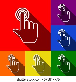 Hand click on button. Vector. Set of icons with flat shadows at red, orange, yellow, green, blue and violet background.