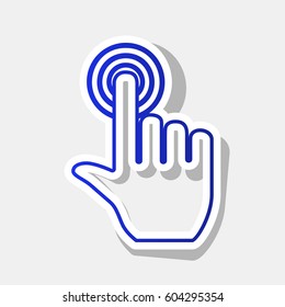 Hand click on button. Vector. New year bluish icon with outside stroke and gray shadow on light gray background.