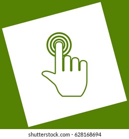 Hand click on button. Vector. White icon obtained as a result of subtraction rotated square and path. Avocado background.
