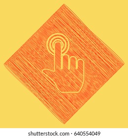 Hand click on button. Vector. Red scribble icon obtained as a result of subtraction rhomb and path. Royal yellow background.