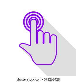 Hand click on button. Violet icon with flat style shadow path.
