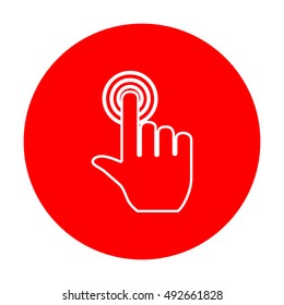 Hand click on button. White icon on red circle.