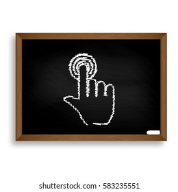 Hand click on button. White chalk icon on black school board wit
