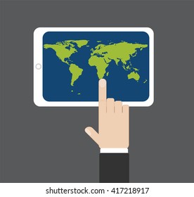 Hand click on map at tablet screen, data source NASA, vector illustration