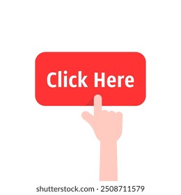 hand click on red button like register here. abstract trend modern graphic design logotype element isolated on white. concept of gesture for download or upload and enter pictogram for internet website