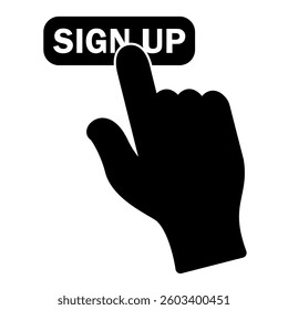 Hand click on Sign up button icon in trendy silhouette style design. Vector illustration isolated on white background.