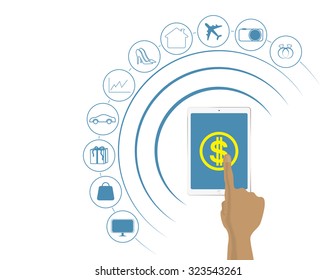 hand click on tablet to shopping online.