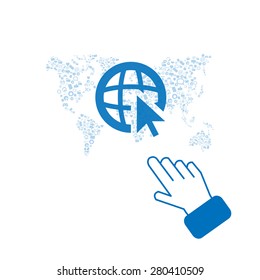 Hand click on world map vector background