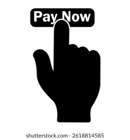 Hand click pay now button icon in trendy silhouette style design. Vector illustration isolated on white background.