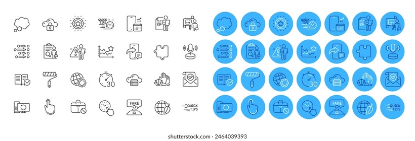 Hand click, Phone message and Microphone line icons pack. Winner star, Recovery computer, Confirmed mail web icon. Search employee, Quick tips, Jobless pictogram. Fake review. Vector