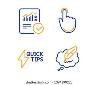Hand click, Quickstart guide and Checked calculation icons simple set. Copyright chat sign. Location pointer, Lightning symbol, Statistical data. Speech bubble. Education set. Linear hand click icon