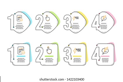 Hand click, Quickstart guide and Checked calculation icons simple set. Copyright chat sign. Location pointer, Lightning symbol, Statistical data. Speech bubble. Education set. Infographic timeline