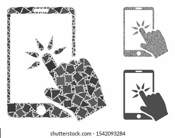 Hand click smartphone composition of joggly items in various sizes and shades, based on hand click smartphone icon. Vector irregular items are united into composition.