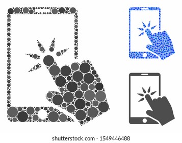 Hand click smartphone composition of round dots in different sizes and color tinges, based on hand click smartphone icon. Vector round dots are composed into blue mosaic.