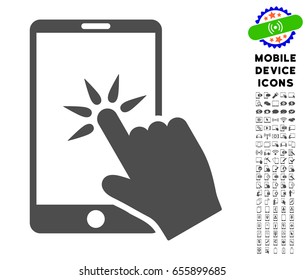 Hand Click Smartphone icon with mobile device glyph clip art. Vector illustration style is a flat iconic symbol, gray colors. Designed for web and software interfaces.