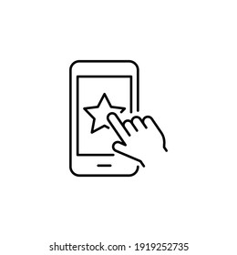 Hand click star on phone line icon. Testimonials, like and favourite concept. Simple outline style. Vector illustration isolated on white background. EPS 10.