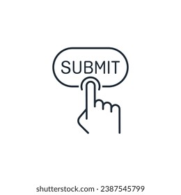 Hand click submit button.  Vector linear illustration icon isolated on white background.