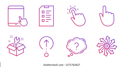 Hand click, Swipe up and Spanner line icons set. Question mark, Touchpoint and Tablet pc signs. Checklist, Versatile symbols. Location pointer, Scrolling page. Business set. Vector