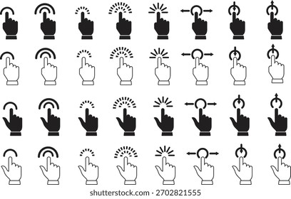 Hacer clic de mano y símbolo de toque. conjunto de iconos de gestos táctiles. Hacer clic toque deslizar los iconos de gestos de mano.	
