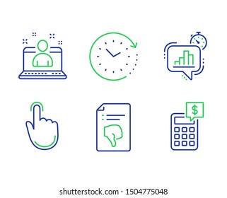 Hand click, Time change and Best manager line icons set. Thumb down, Statistics timer and Calculator signs. Location pointer, Clock, Best developer. Decline file. Business set. Vector