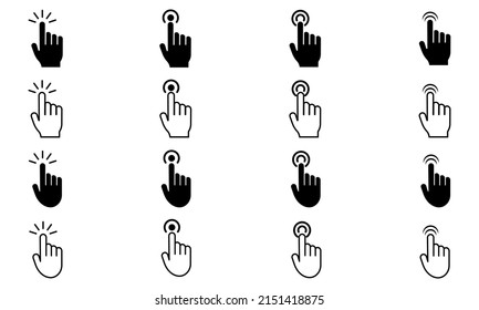 Hand click vector icon set on white background. Clicking finger icons. Touch here with finger.