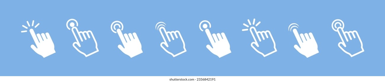 Hand click vector icon set on blue background. Clicking finger icons. Touch here with finger.