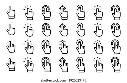 Hand click vector icons set. Website computer interface button. Illustration for graphic and web design. Vector symbols collection Pointer, Clicking finger, click, cursor, hand clicks, Touch pointer