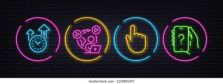 Hand click, Video conference and Time management minimal line icons. Neon laser 3d lights. Ask question icons. For web, application, printing. Vector