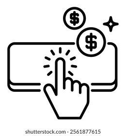 A hand clicking a button, with dollar signs emerging, symbolizing pay-per-click advertising and digital marketing round line vector icon with editable stroke