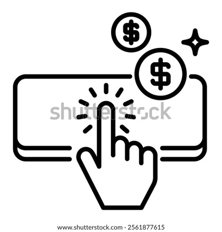A hand clicking a button, with dollar signs emerging, symbolizing pay-per-click advertising and digital marketing round line vector icon with editable stroke