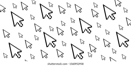 Hand clicking, click on pc mouse. Pointer, pixel cursors or cursor arrow. Computer online plugged, plug. Turn on Play Connection icon or sign. Vector website page symbol set. line art banner