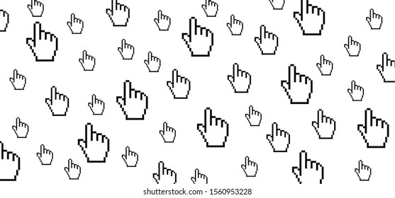 Hand clicking, click on pc mouse. Pointer, pixel cursors or cursor arrow. Computer online plugged, plug. Turn on Play Connection icon or sign. Vector website page symbol set. line art banner